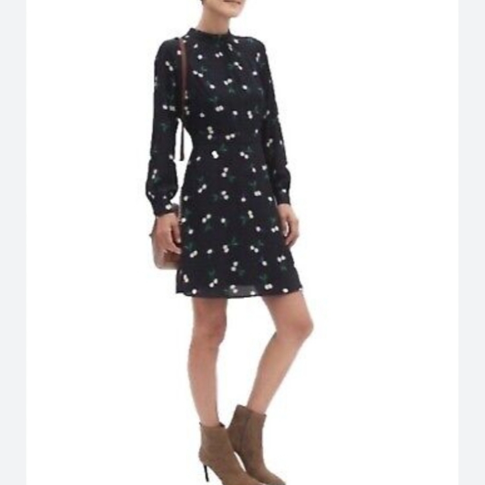 Banana Republic Navy Blue Cherry Print Dress sz 14